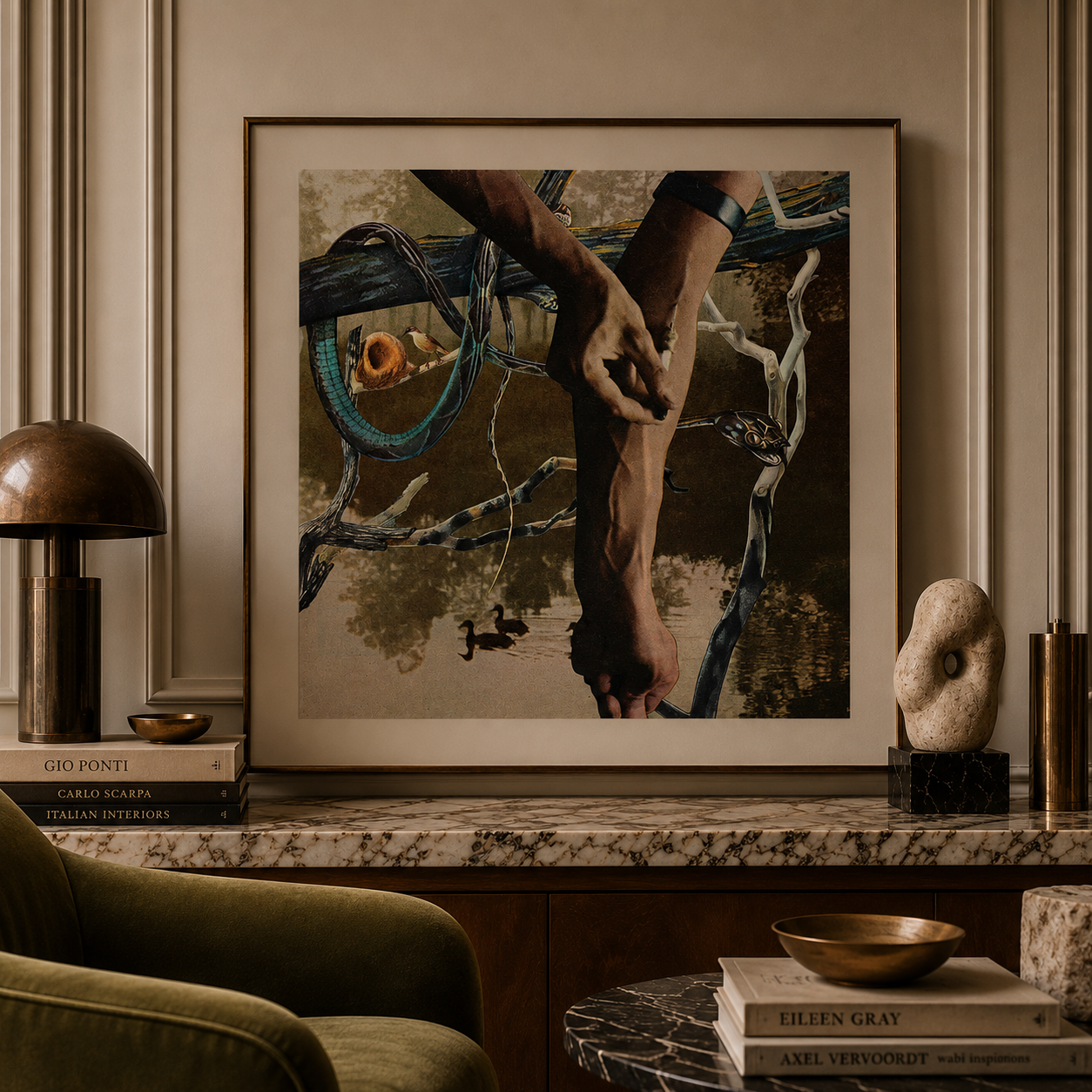 Ride the Snake — Surreal Collage Art Print of Arms, Serpents, and